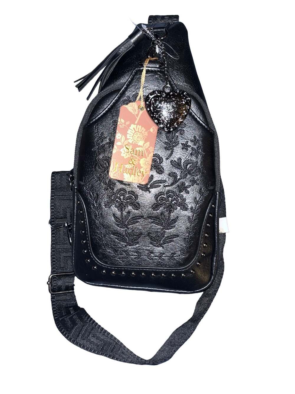 Sam & Hadley Black Floral Embroidered Studded Sling Bag with Heart Charm